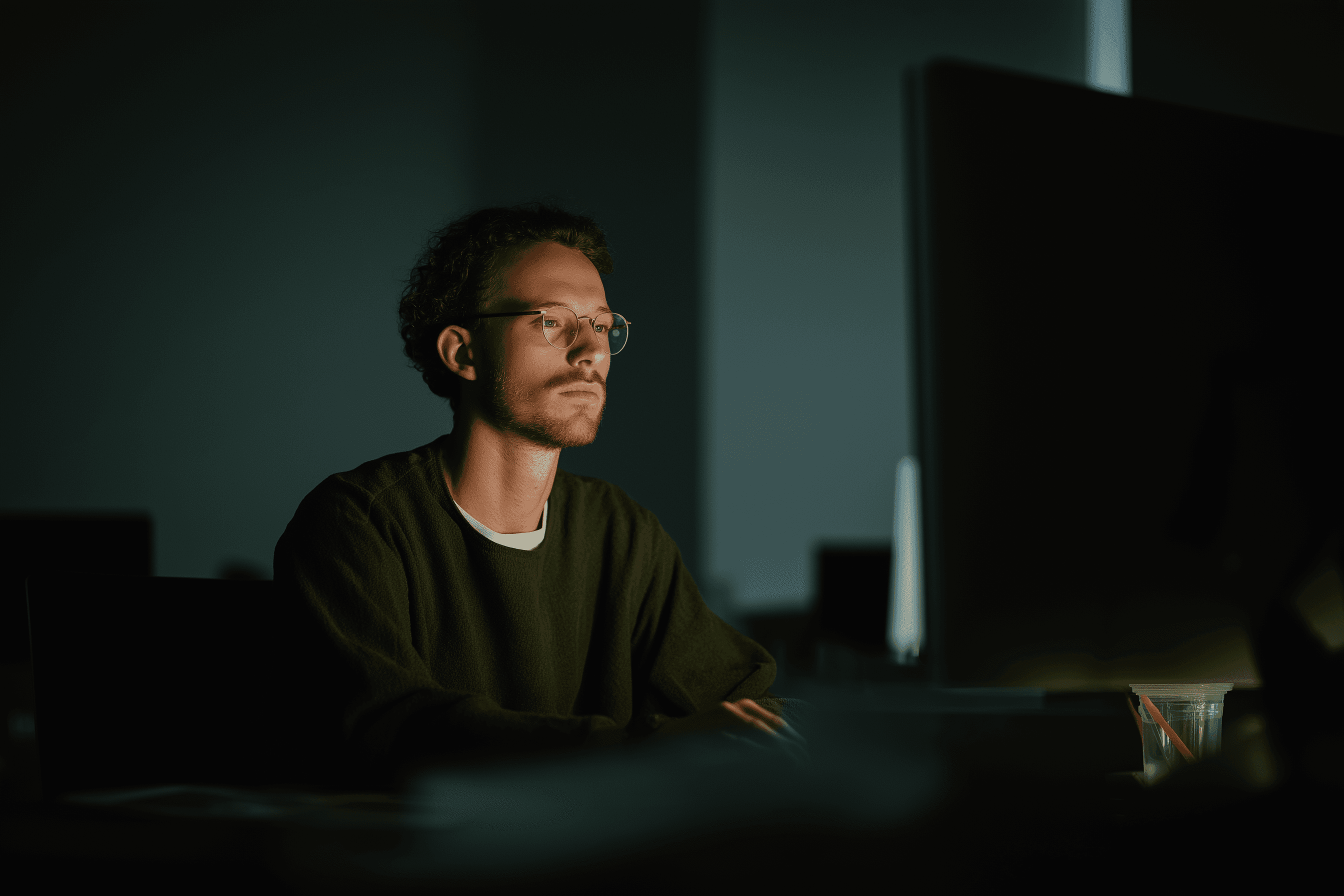 Person working at a computer in a dark environment
